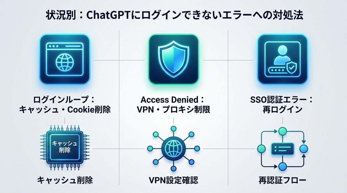 図解：状況別：ChatGPTにログインできないエラーへの対処法