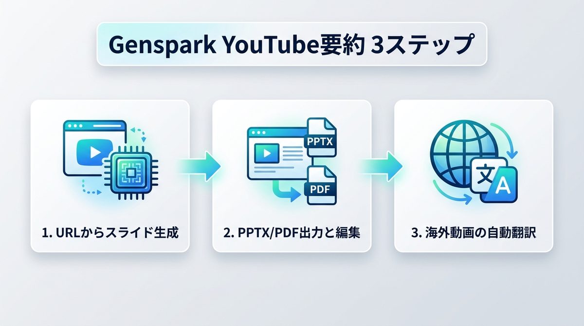 図解:【実演】Genspark YouTube要約で動画から資料を生成する3ステップ