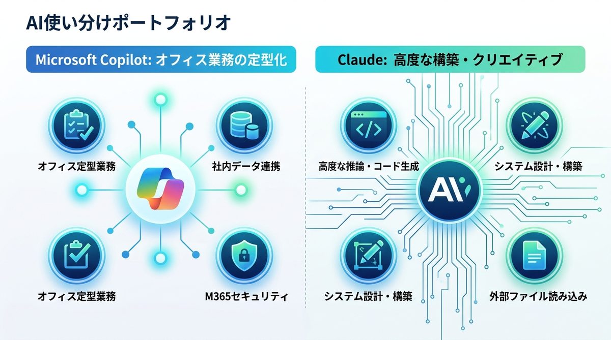 図解：【比較】Microsoft Copilot vs Claude・ChatGPTの使い分けポートフォリオ