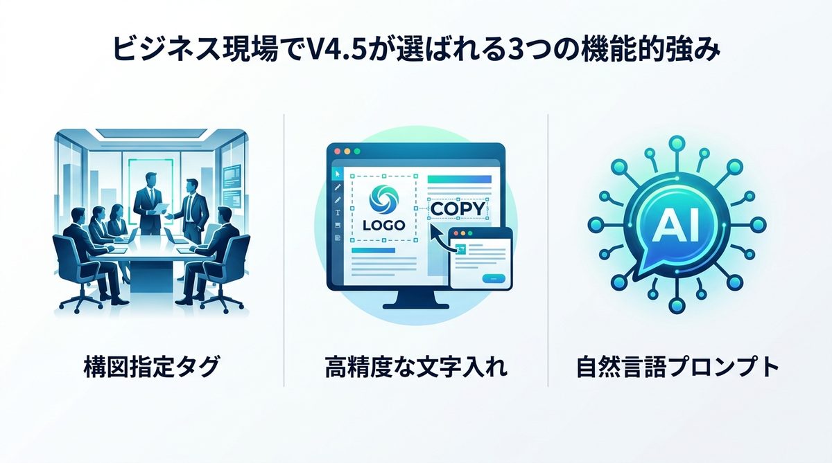 図解：ビジネス現場でV4.5が選ばれる3つの機能的強み