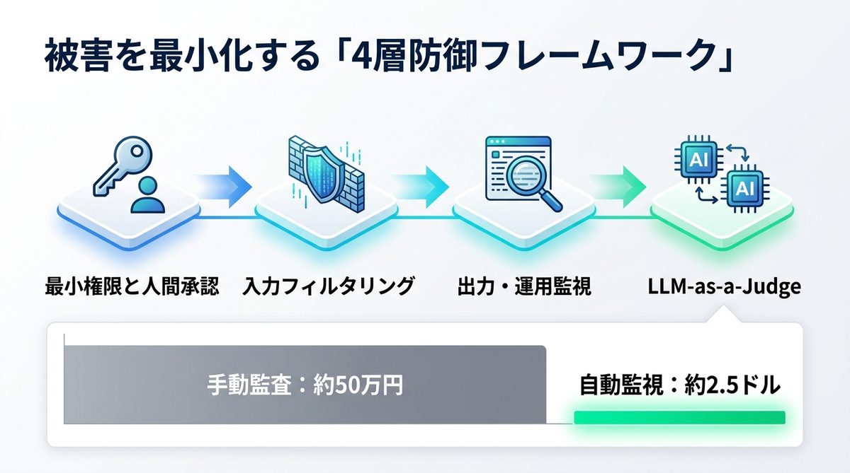 図解：被害を最小化する「4層防御フレームワーク」の設計指針