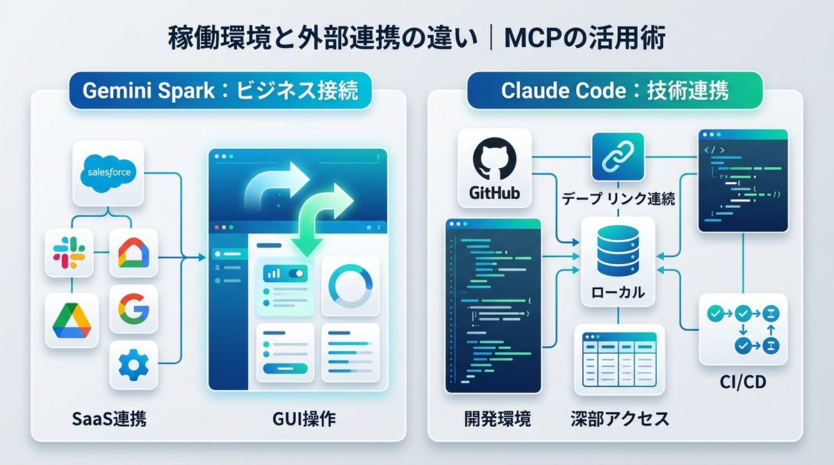図解：稼働環境と外部連携の違い｜MCP（Model Context Protocol）の活用術