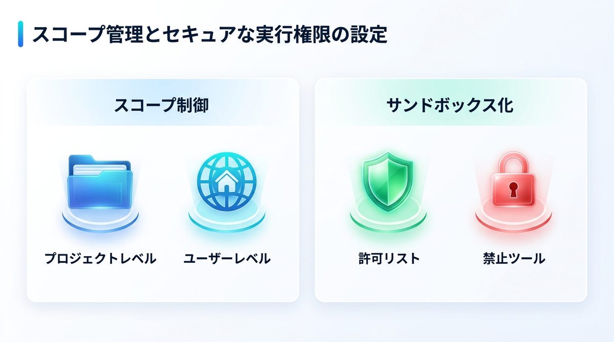 図解：スコープ管理とセキュアな実行権限の設定
