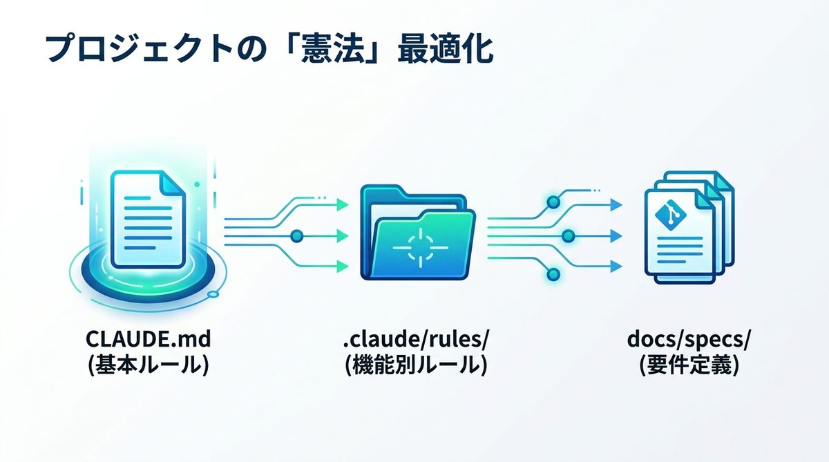 図解：【重要】プロジェクトの「憲法」を最適化するCLAUDE.mdとルール管理術