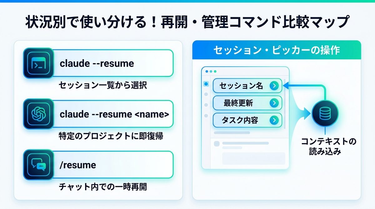 図解：状況別で使い分ける！再開・管理コマンド比較マップ