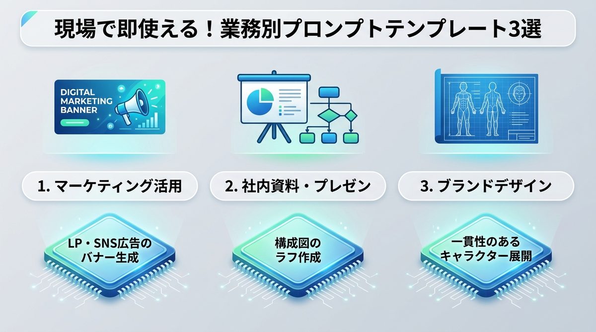 図解：現場で即使える！業務別プロンプトテンプレート3選