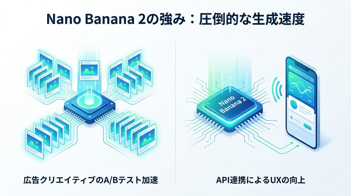 図解：Nano Banana 2の強み：圧倒的な生成速度で実現する「量産スピード」