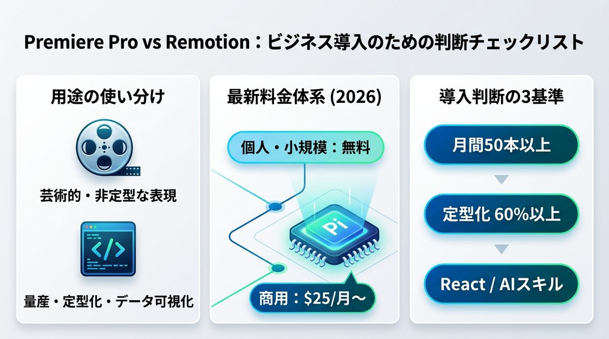 図解：Premiere Pro vs Remotion：ビジネス導入のための判断チェックリスト