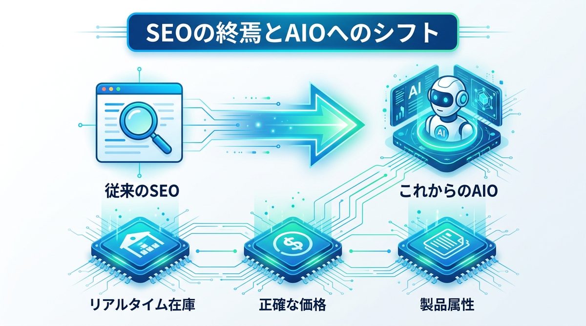 図解：SEOの終焉と「AIO（AIエージェント最適化）」へのパラダイムシフト