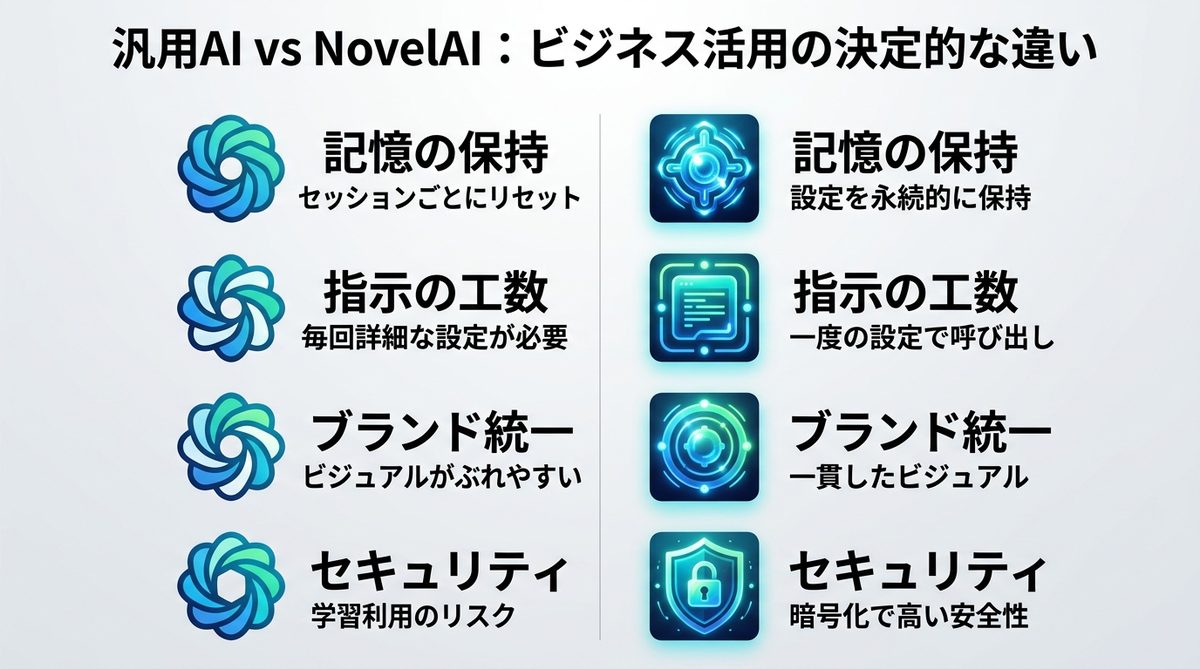 図解：汎用AIとの決定的な違い｜なぜNovelAIは「ビジネスツール」なのか
