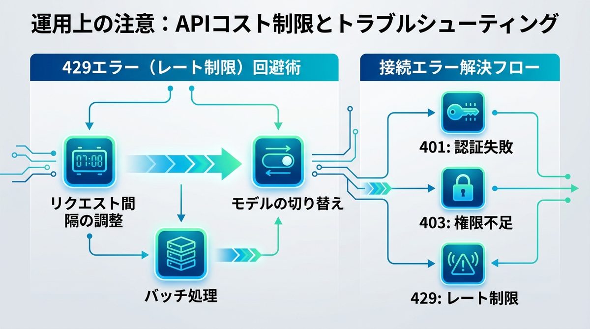 図解：運用上の注意：APIコスト制限とトラブルシューティング
