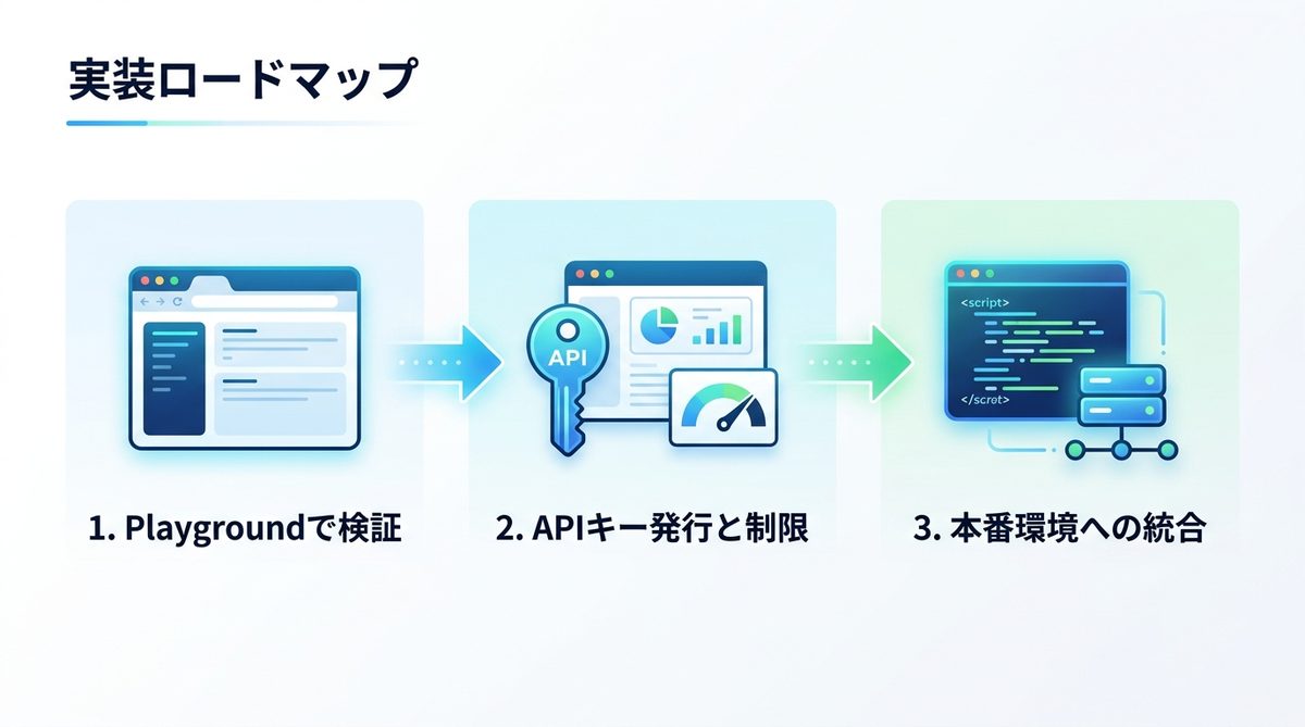 図解：実装ロードマップ｜PlaygroundからAzure API活用までの3ステップ