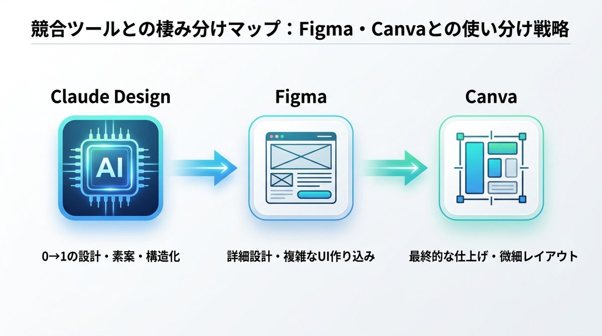 図解：競合ツールとの棲み分けマップ：Figma・Canvaとの使い分け戦略