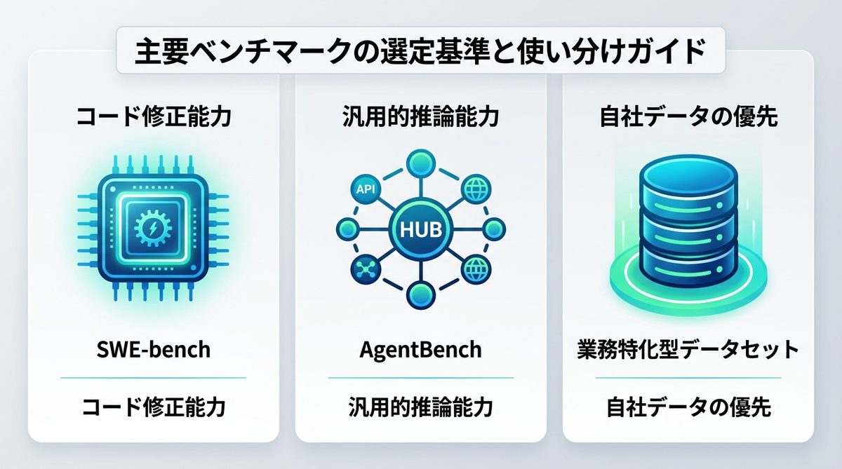 図解：主要ベンチマークの選定基準と使い分けガイド
