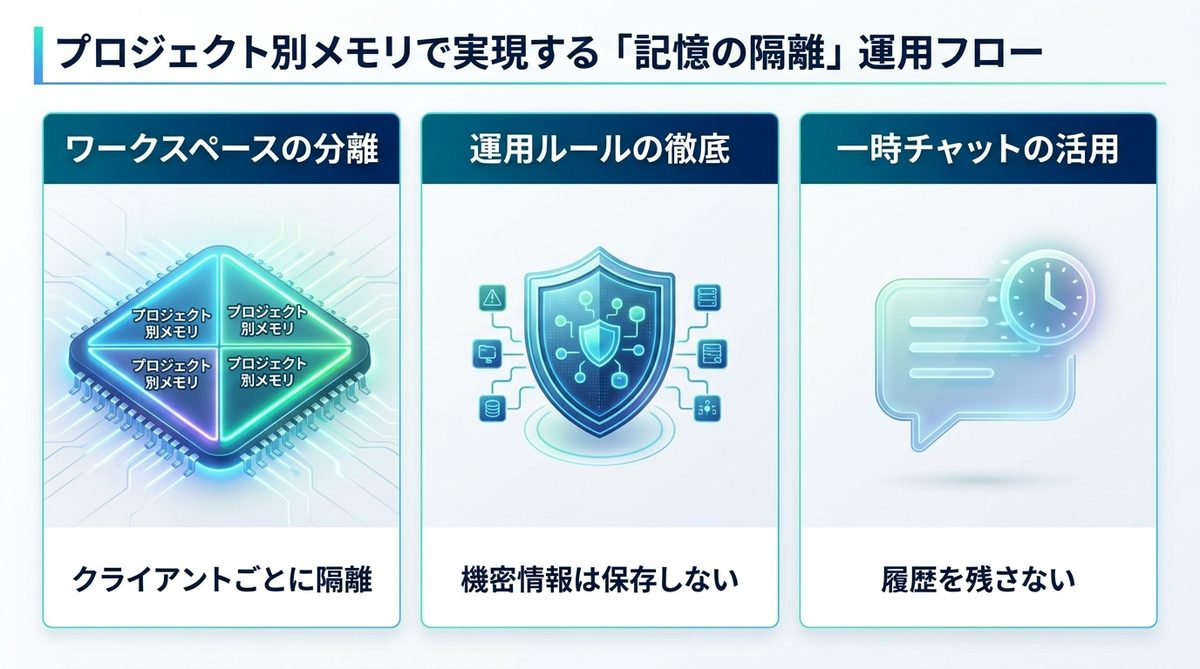 図解：プロジェクト別メモリで実現する「記憶の隔離」運用フロー