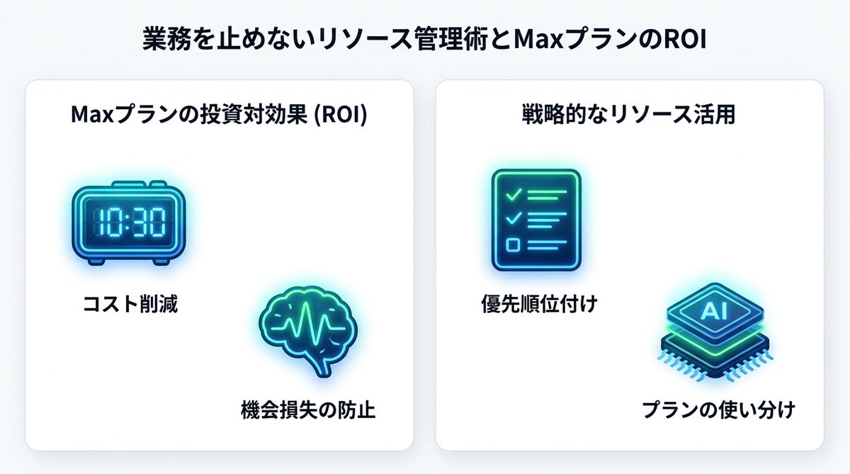 図解：【実践】業務を止めないためのリソース管理術と「Max」プランのROI