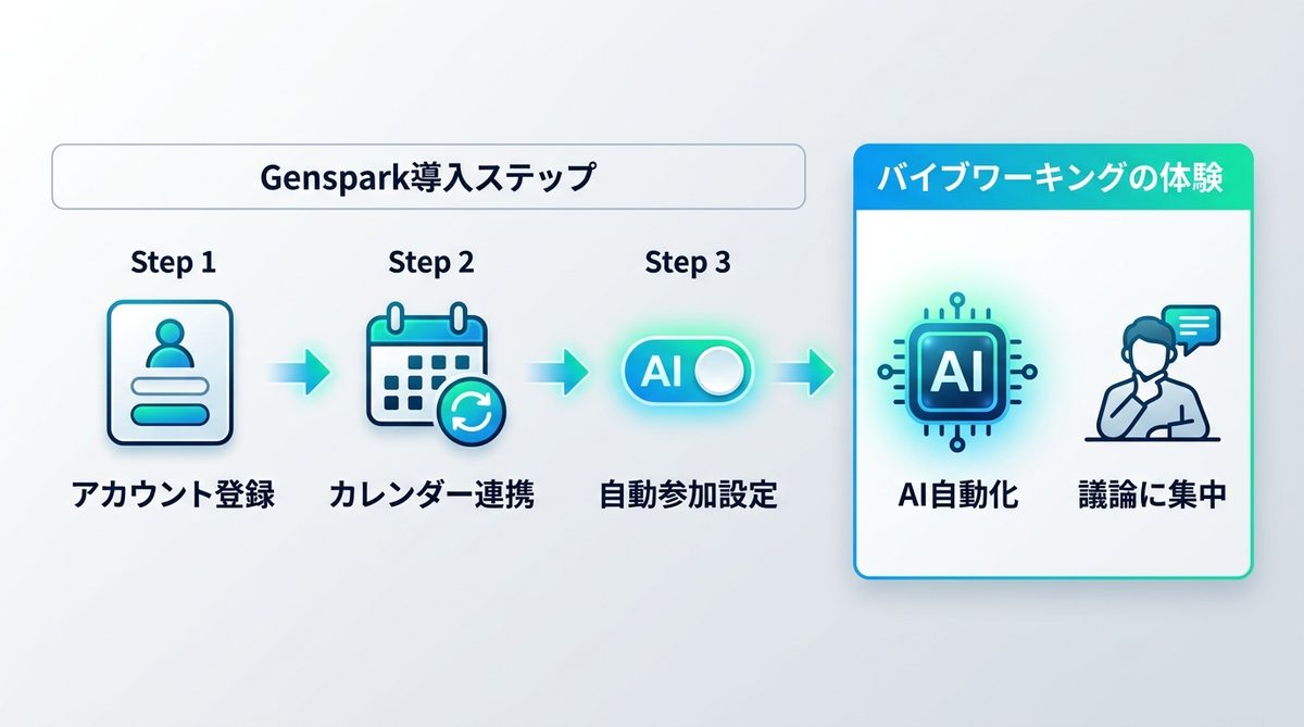 図解:3分で完了!Gensparkの導入から最初の議事録作成までのステップ