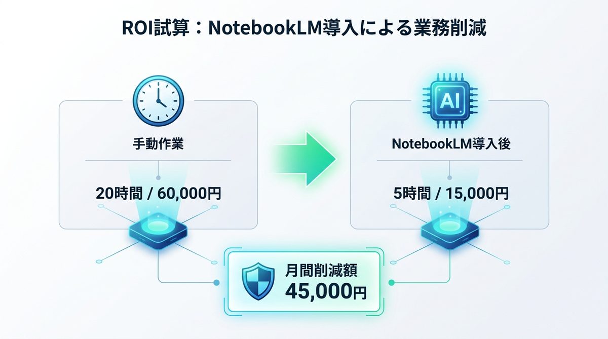 図解：ROI試算｜NotebookLM導入で実現する業務工数削減のシミュレーション