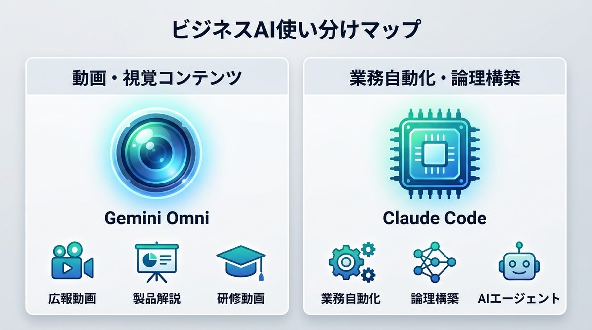図解：【完全ガイド】ビジネスAI使い分けマップ：Gemini Omni vs Claude Code