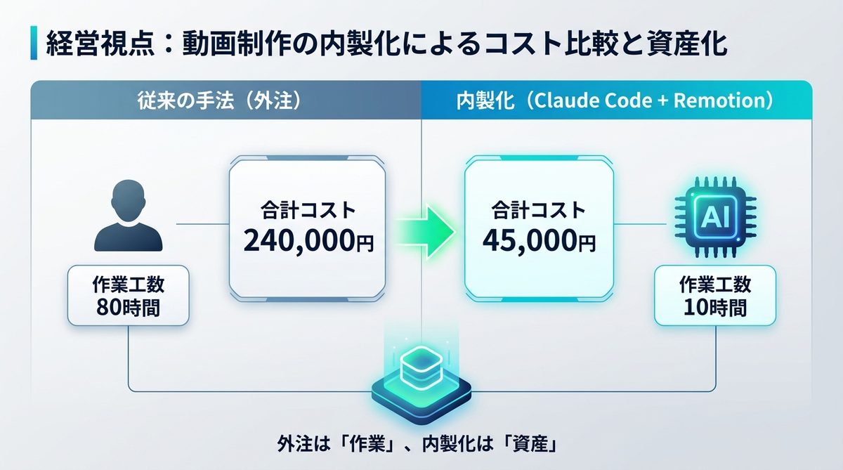 図解：経営視点：動画制作の内製化によるコスト比較と資産化