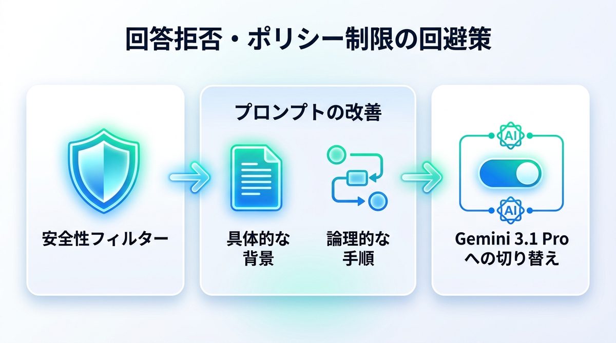 図解：回答拒否・ポリシー制限を乗り越えるためのプロンプト運用