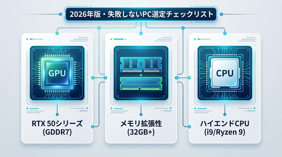 図解：2026年版・失敗しないPC選定チェックリスト（RTX 50シリーズの活用）