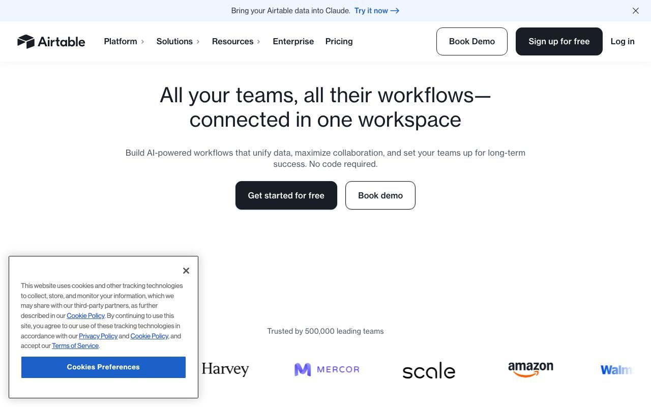 Airtableの公式サイトトップページ