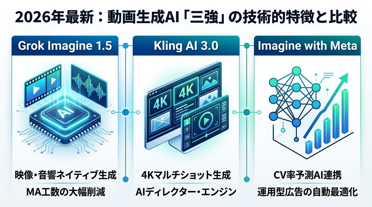 図解：2026年最新：動画生成AI「三強」の技術的特徴と比較