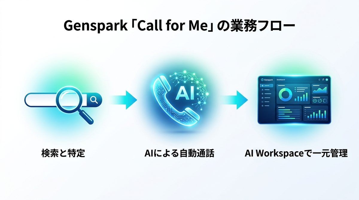 図解：Gensparkの通話代行「Call for Me」とは？検索から始まる新しい業務フロー