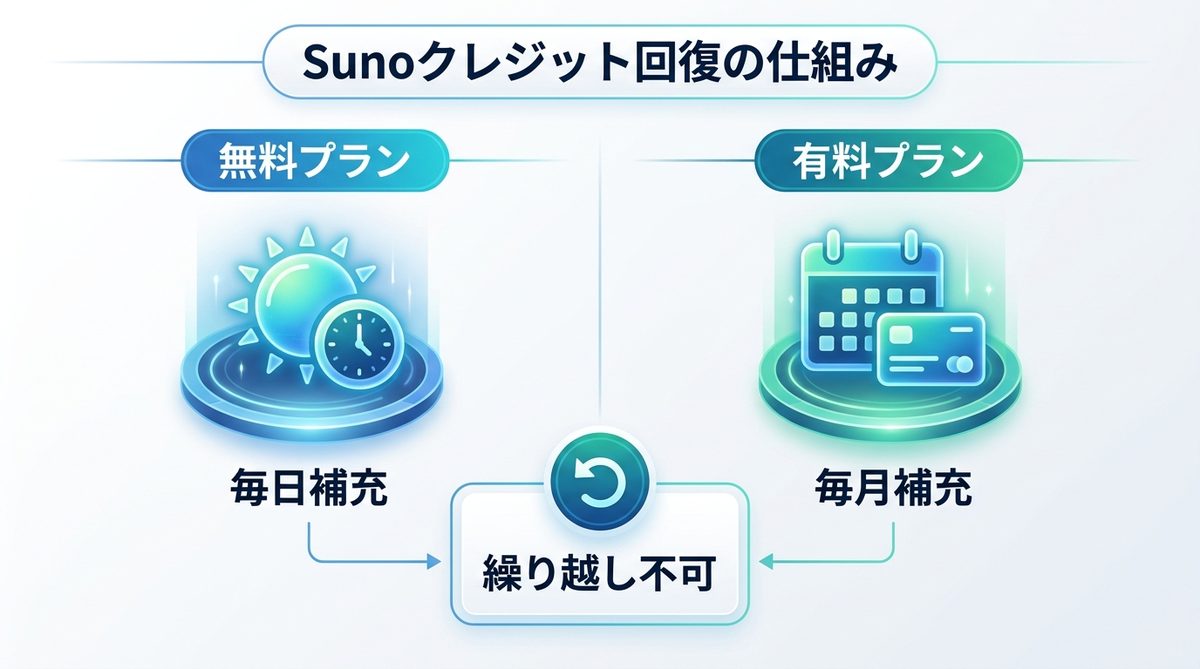 図解：Suno（スーノ）のクレジット回復は「無料＝毎日」「有料＝毎月」が基本
