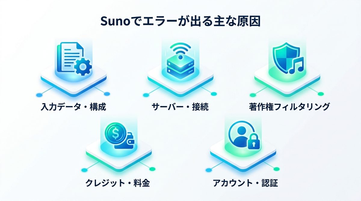 図解：Sunoでエラーが出る主な原因（まず全体像をつかむ）