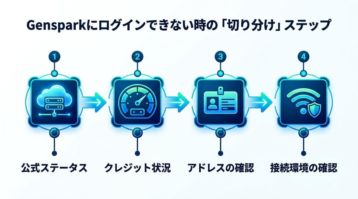 図解：今すぐ確認！Gensparkにログインできない時の「切り分け」ステップ
