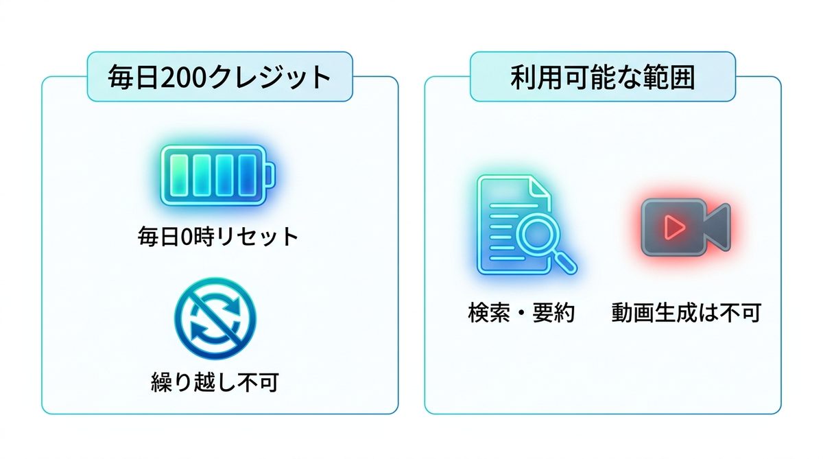 図解：まず結論｜無料は「1日200クレジット」が境界線