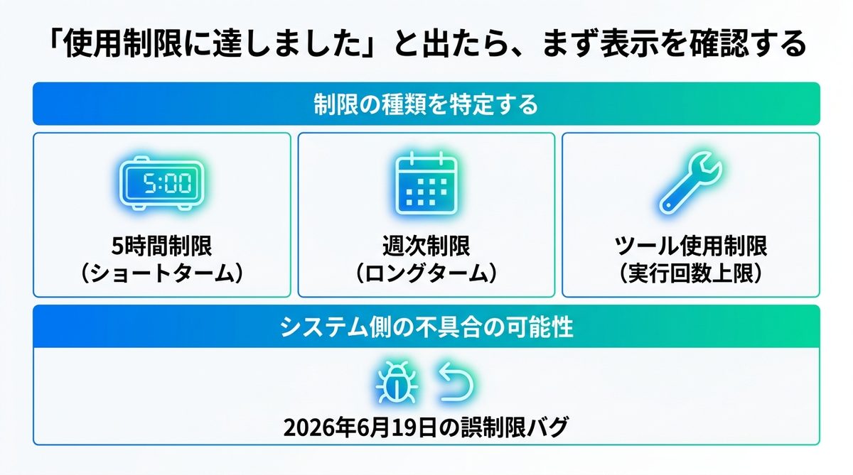 図解：「使用制限に達しました」と出たら、まず表示を確認する