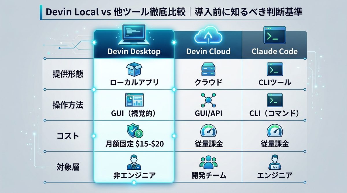 図解：Devin Local vs 他ツール徹底比較｜導入前に知るべき判断基準