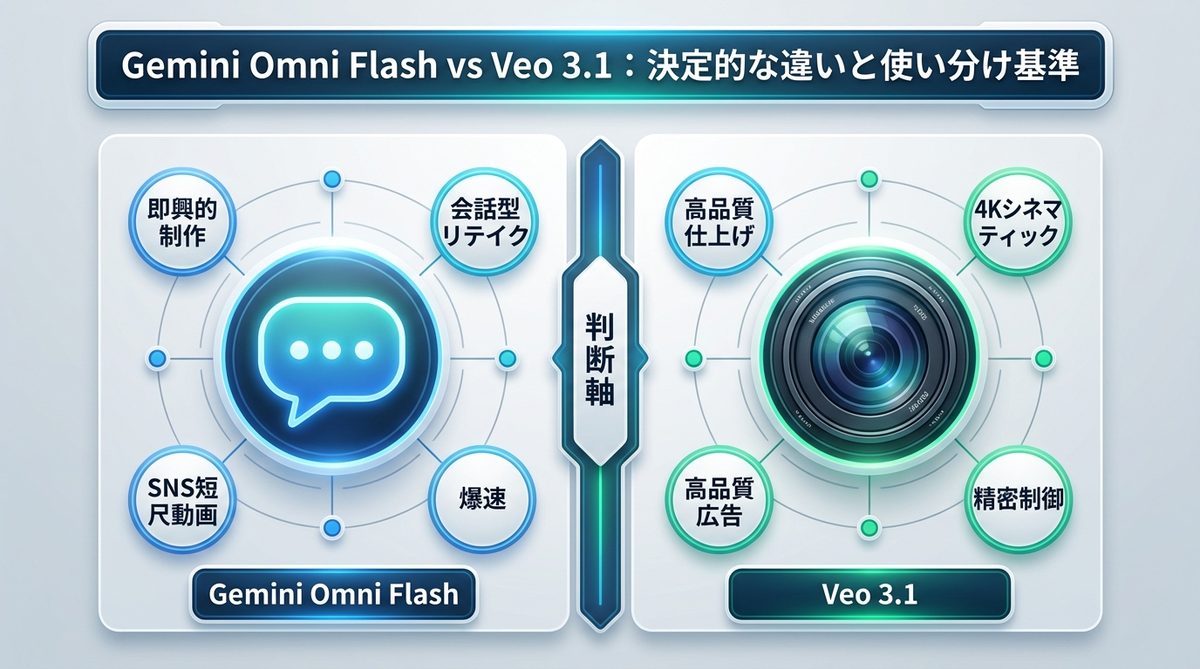 図解:Gemini Omni Flash vs Veo 3.1:決定的な違いと使い分け基準