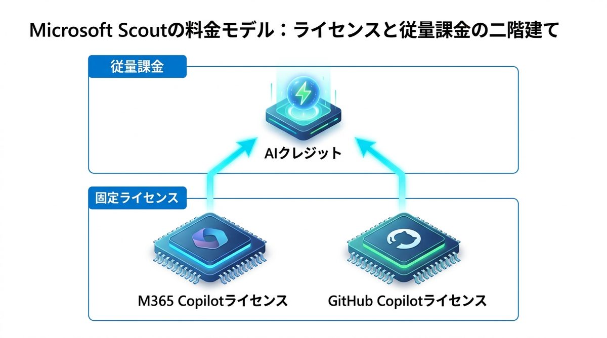 図解：Microsoft Scoutの料金モデル：ライセンスと従量課金の二階建て