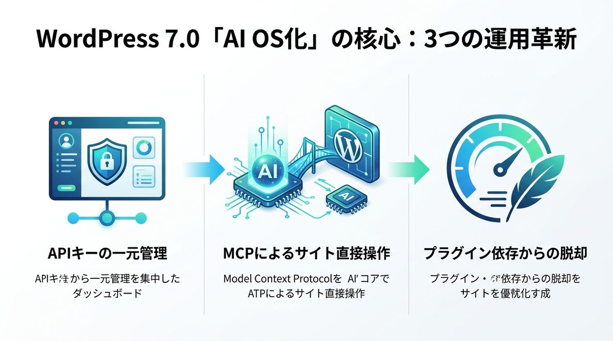 図解：WordPress 7.0で実現する「AI OS化」の核心：3つの運用革新