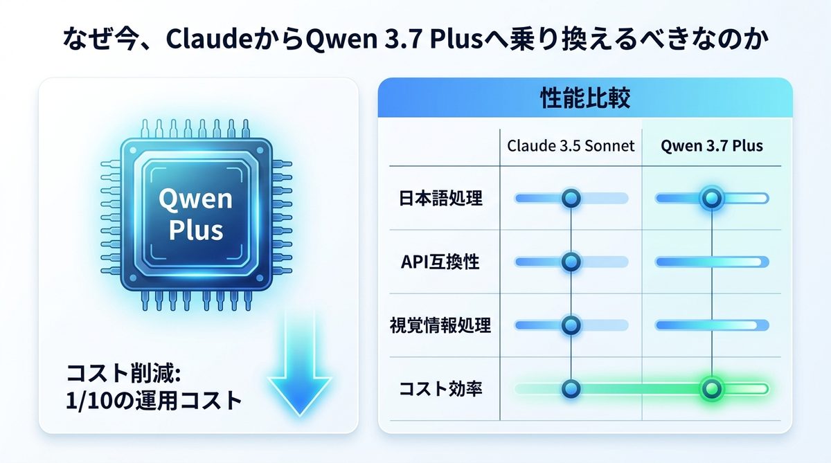 図解：なぜ今、ClaudeからQwen 3.7 Plusへ乗り換えるべきなのか