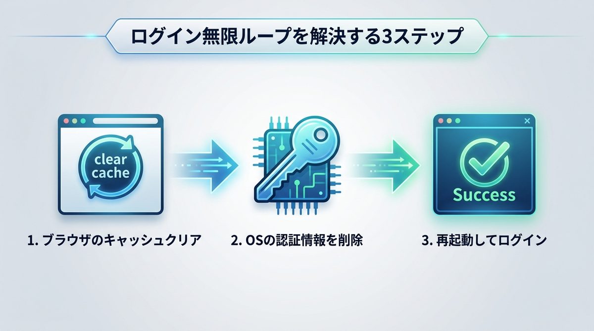 図解：ブラウザ・OS依存の「ログイン無限ループ」を即解決する3ステップ