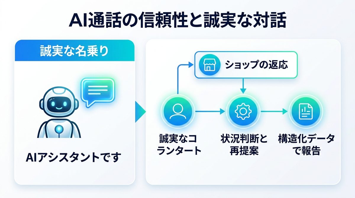 図解：【実務検証】相手に失礼はない？AI通話の信頼性と名乗り方