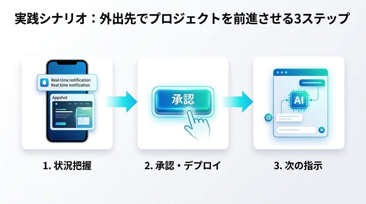 図解：実践シナリオ：外出先でプロジェクトを前進させる3ステップ