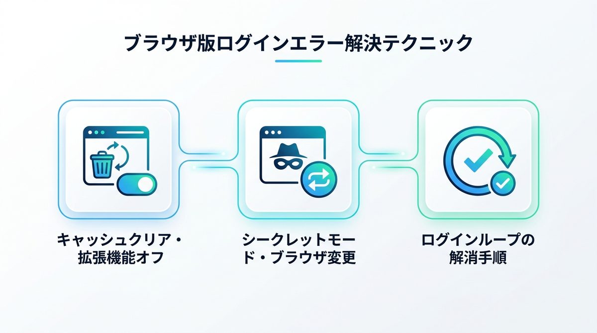 図解：【ブラウザ版】ログインエラーが続く場合の即時解決テクニック