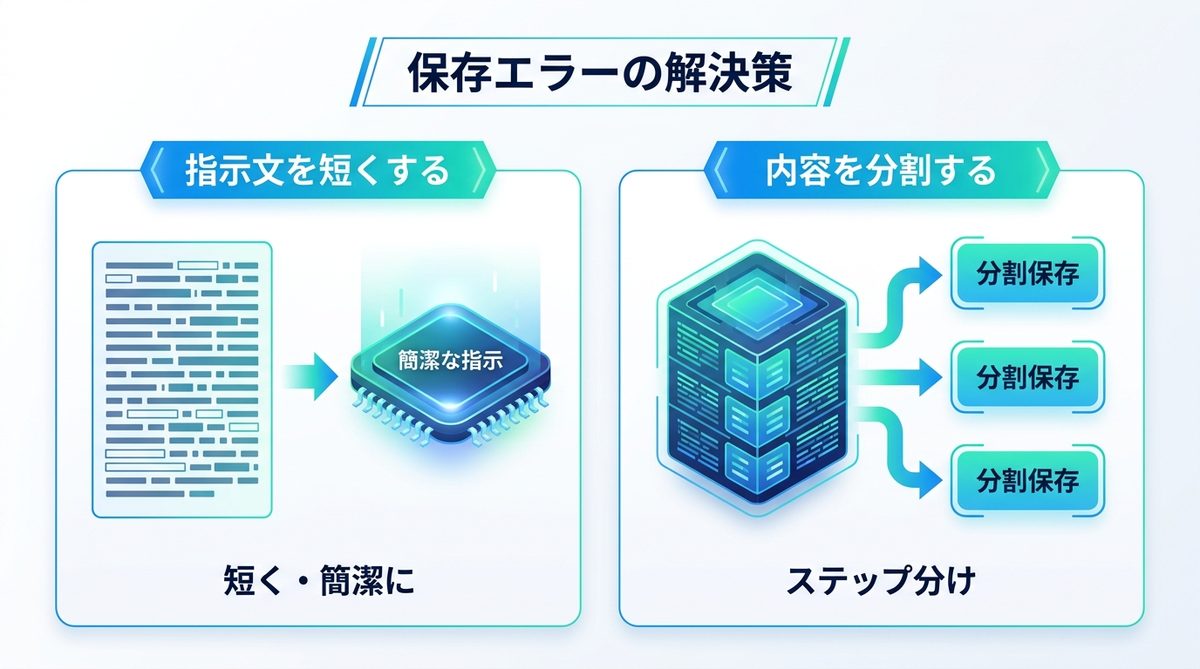 図解：まず結論｜保存エラーは「短く・分割」で解決した報告が多い