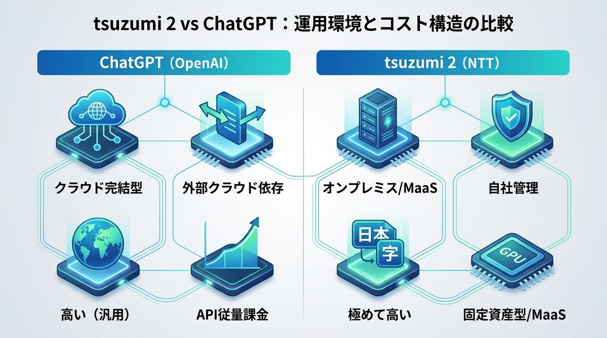 図解:【比較表で見る】tsuzumi 2 vs ChatGPT|運用環境とコスト構造の違い