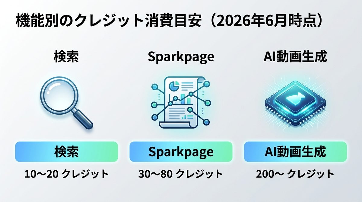 図解：機能別のクレジット消費目安（2026年6月時点）