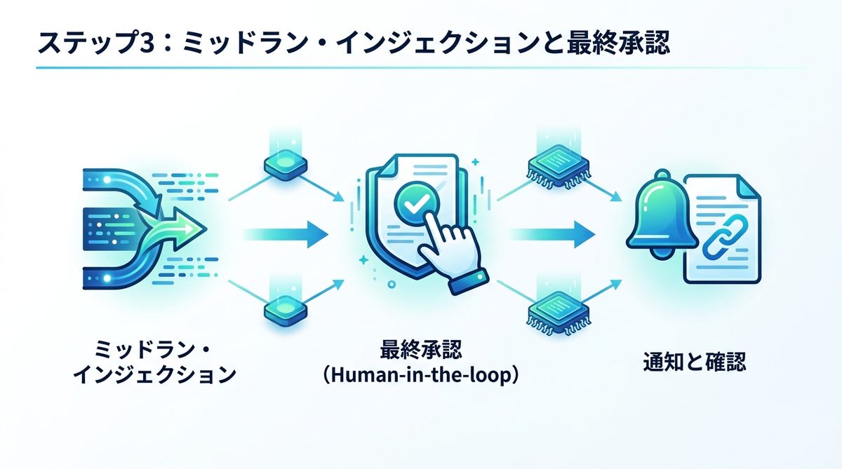 図解：ステップ3：ミッドラン・インジェクションと最終承認