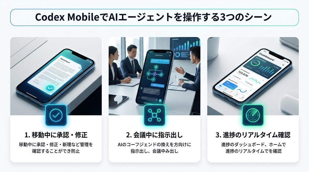 図解：【実務解説】PC不要！Codex MobileでAIエージェントを外出先からコントロールする3つの神シーン