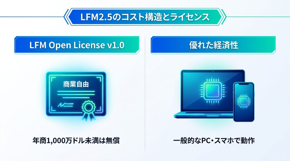 図解：【経営層必見】LFM2.5のコスト構造と商用利用ライセンスの仕組み