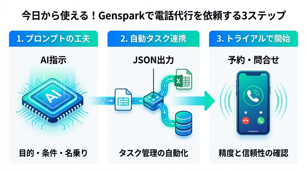 図解：今日から使える！Gensparkで電話代行を依頼する3ステップ